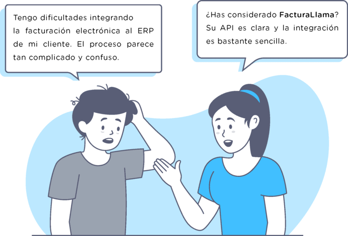 Ilustración de dos personas en diálogo; la primera está confundida por la complejidad de integrar la facturación electrónica en un ERP, y la segunda sugiere usar FacturaLlama por su API clara y sencilla integración.