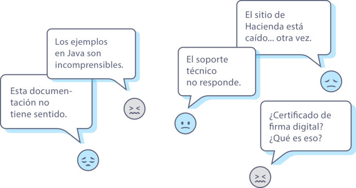 Ilustración con varias burbujas de diálogo expresando frustraciones técnicas.